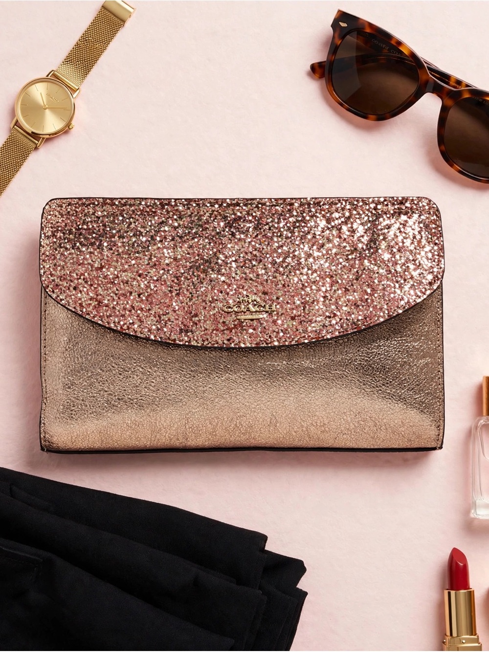 Coach Rose Gold Glitter Flap Metallic Clutch